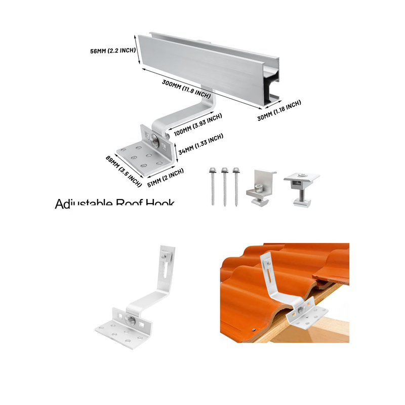 Servicio OEM Hook solar de techo de tejas fotovoltaicas con carga de viento de 60m/s y tamaño personalizado